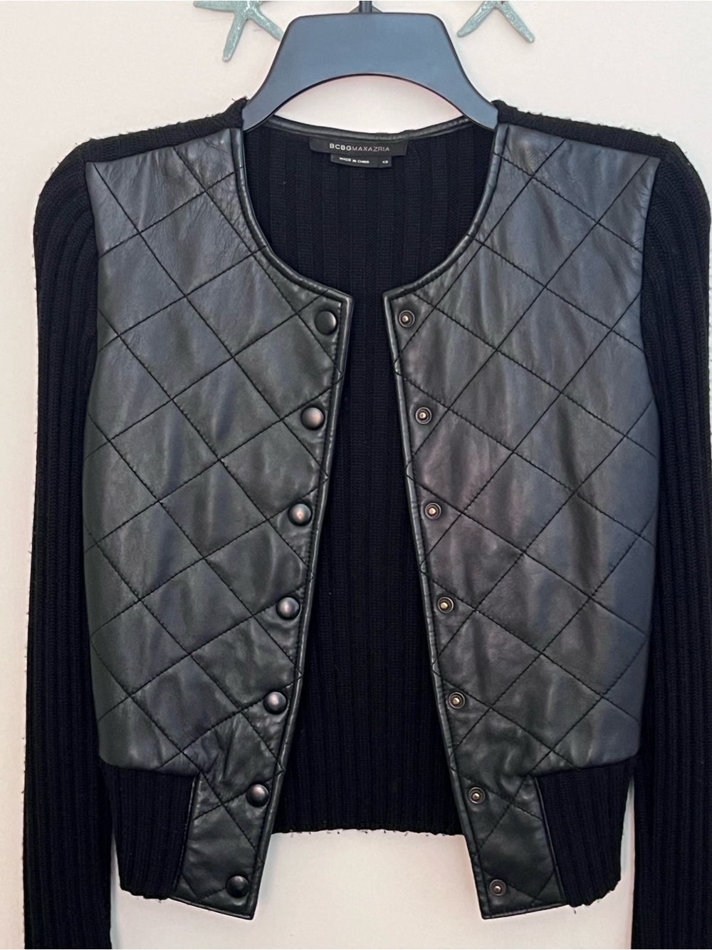 BCBGMaxAzria Black Quilted Leather-Sweater Jacket